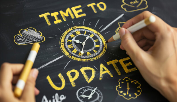 Two people drawing on a blackboard with a clock