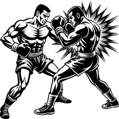 Fototapeta premium Boxer ready to fight on white background. Silhouette and outline art.