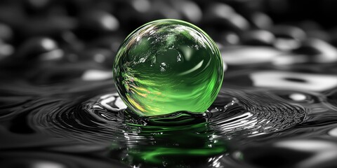 A jungle green bubble floating on a rippling black surface, reflecting light and creating an elegant contrast