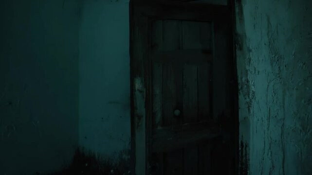 An old, wooden door creaking open slowly in an abandoned house, casting an eerie, unsettling atmosphere.