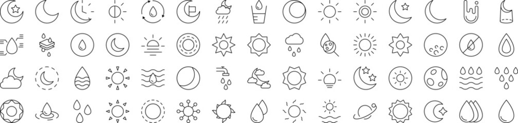 Weather Line Icon Set. Modern Collection for Design, Web Sites, Apps, Cards. Contains Linear Images of Sun, The Moon, Shower