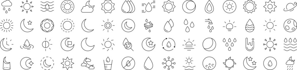 Weather Line Icon Collection. Modern Collection for Design, Web Sites, Apps, Cards. Contains Linear Images of Sun, The Moon, Shower