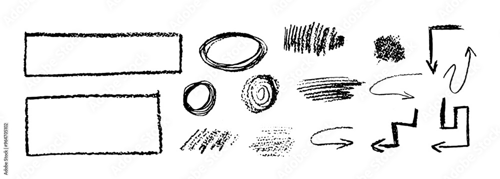 Sticker set of chalk doodle graphic elements. rectangular frames, ovals, arrows and scribbles. collection sc