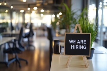 A bright and welcoming office scene with an empty desk and a "WE ARE HIRING" sign, symbolizing an open position in a friendly work environment