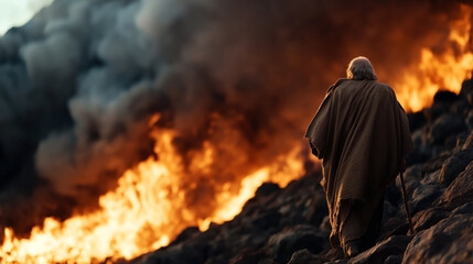 Elderly person walking with a cane towards a massive fire with thick smoke, wearing a cloak and navigating through a rocky terrain.