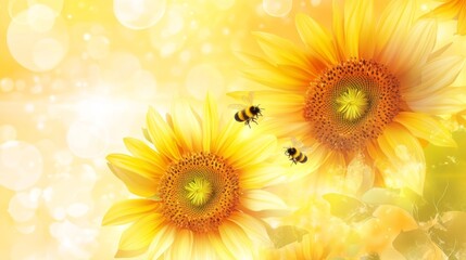 Obraz premium Bright Sunflowers with Bees in Bloom