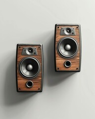 a pair of speakers sitting on top of a wall