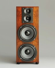 a pair of speakers sitting on top of a wooden stand