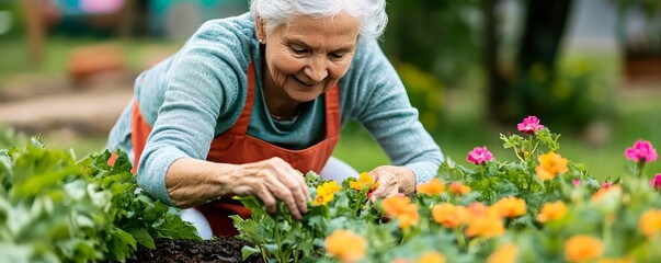 Elderly woman planting flowers in her garden, showcasing active aging and joy