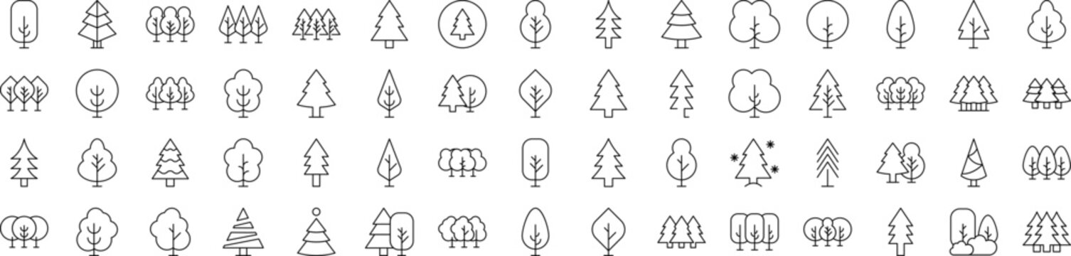 Tree and Forest Line Icon Pack. Modern Collection for Design, Web Sites, Apps, Cards. Contains Linear Images of Deciduous and Coniferous Trees