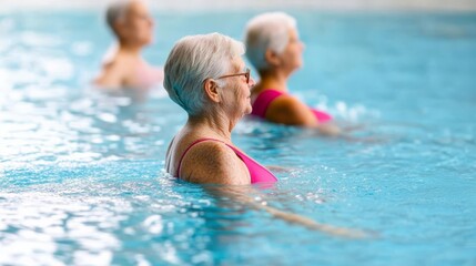Group of elderly women doing water aerobics in a clear blue pool, representing social and physical activity