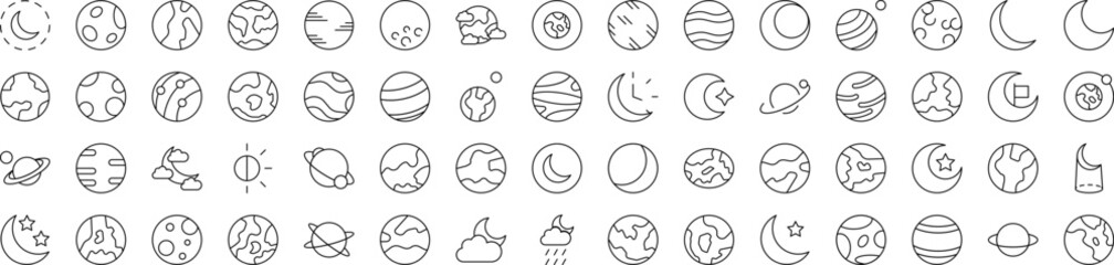 Set of Space Related Line Icons. Editable Stroke for Design, Web Sites, Apps, Cards. Contains Linear Images of Various Planets