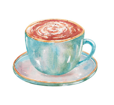 recommend clip art: Turquoise cup with golden rim of cappuccino with cinnamon. Hand drawn watercolor illustration