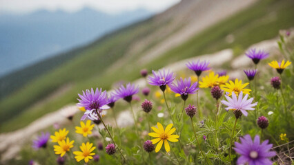 Obraz premium Mountain Wildflowers: Focused on a bunch of wildflowers blooming on a mountainside, with soft bokeh in the background
