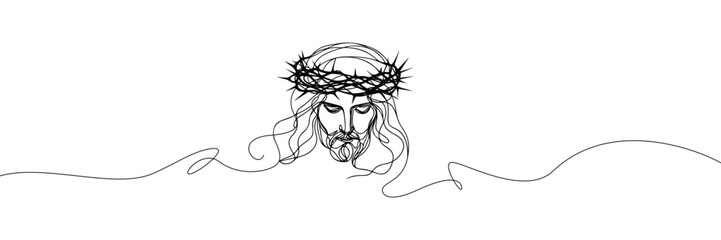 Single line style vector image on white background. Jesus in a wreath of thorns
