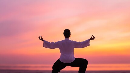 Fototapeta premium Scenic image of a person practicing tai chi on a beach at dawn, representing peace and harmony
