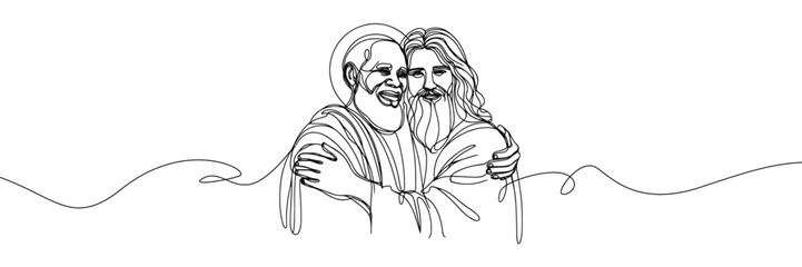 Single line style vector image on white background. Jesus embraces a sinner, man in the arms of Jesus