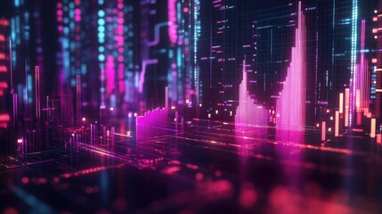 Abstract Cityscape with Neon Lights and Data Visualizations