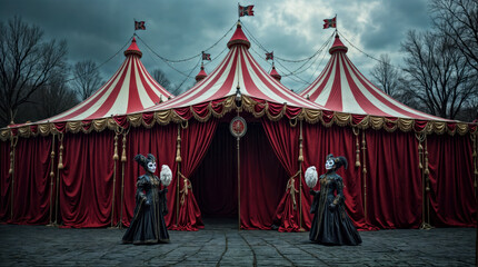 Mysterious circus entrance at twilight. Circus Tent with Dramatic Lighting Under a Stormy Sky