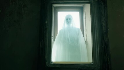 The camera zooms in on an old, dusty mirror in an attic, revealing a ghostly figure in the reflection, with natural light adding an eerie ambiance.