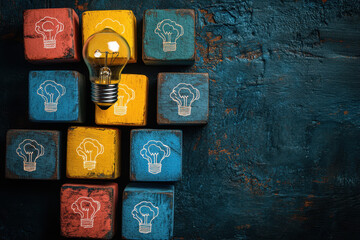 A simple composition of cubes with human head icons on one side and a light bulb icon on the other, set against a background. 