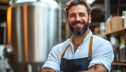 Brewer smiling with crossed arms in brewery with metal beer tanks in background