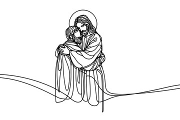 Single line style vector image on white background. Jesus embraces a sinner, man in the arms of Jesus
