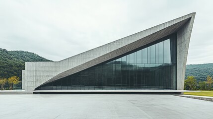 Modern building with an abstract, rock-inspired shape, made of concrete and glass.