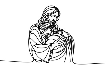 Single line style vector image on white background. Jesus embraces a sinner, man in the arms of Jesus