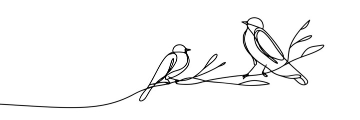 Adobe Illustrator ArtworkSingle line vector image on white background. birds on branches 