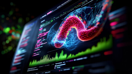 Futuristic Data Visualization on Computer Screen with High-Tech Graphs and 3D Model