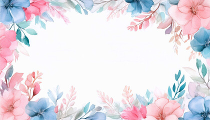 Obraz premium ピンクとブルーのお花の水彩画イラストフレーム背景