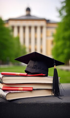 generated illustration close up of mortarboard on top stack of books against university building