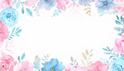 ピンクと水色のお花の水彩画イラストフレーム背景