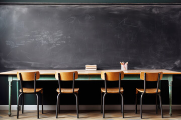 generated illustration of  empty classroom with many wooden chairs