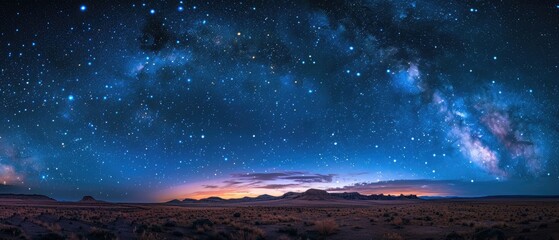 Panoramic view of the Milky Way galaxy over a serene desert landscape at night, showcasing stars and cosmic beauty.
