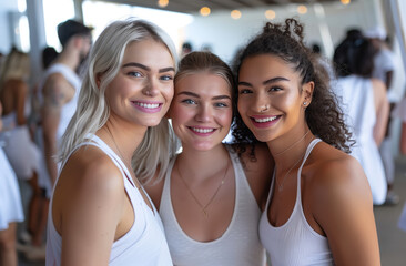 Three women are smiling and posing for a photo
