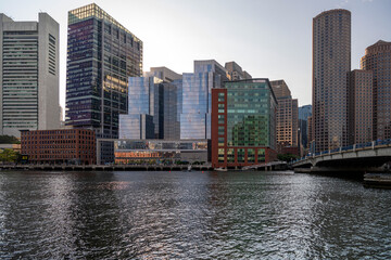 Fototapeta premium Boston Harbor Skyline and Financial District at sunset time Boston USA
