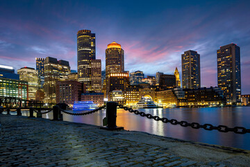 Fototapeta premium Boston Harbor Skyline and Financial District at sunset time Boston USA