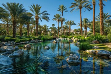 Obraz premium Scenic tropical oasis with palm trees and a tranquil pond, reflecting the serene landscape and blue sky, perfect for relaxation and peace.