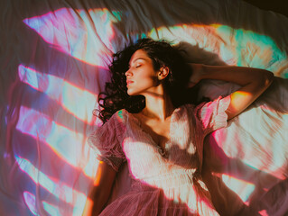 Woman Lying on Bed with Rainbow Light Reflections