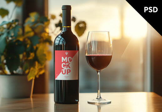Red wine label mockup in a kitchen setting   - generative ai image