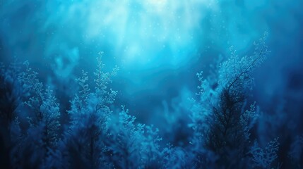 Fototapeta premium Serene underwater scene with blue tones and soft light beams, showcasing marine life and aquatic flora in a tranquil ocean setting.