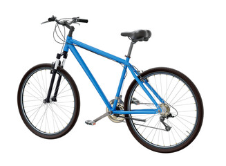 Blue bicycle, side back view. Black leather saddle and handles. Png clipart isolated on transparent background