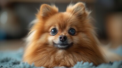 Fototapeta premium a small brown dog laying on top of a blue blanket