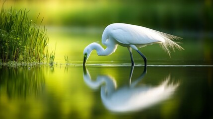 Elegant Great Egret Reflecting in Water