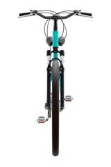 Blue teal bicycle, front view. Black leather saddle and handles. Png clipart isolated on transparent background