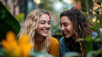  Two Young Women Laughing Outdoors in a Park