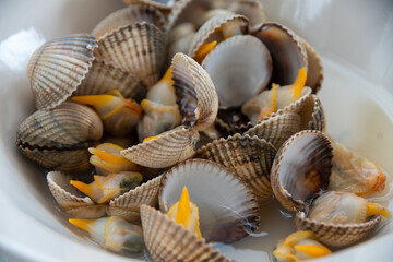 a white plate of steamed cockles