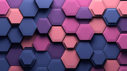 Abstract 3D rendering of hexagonal shapes in various shades of blue and pink. The geometric pattern creates a modern and vibrant background with a sense of depth.